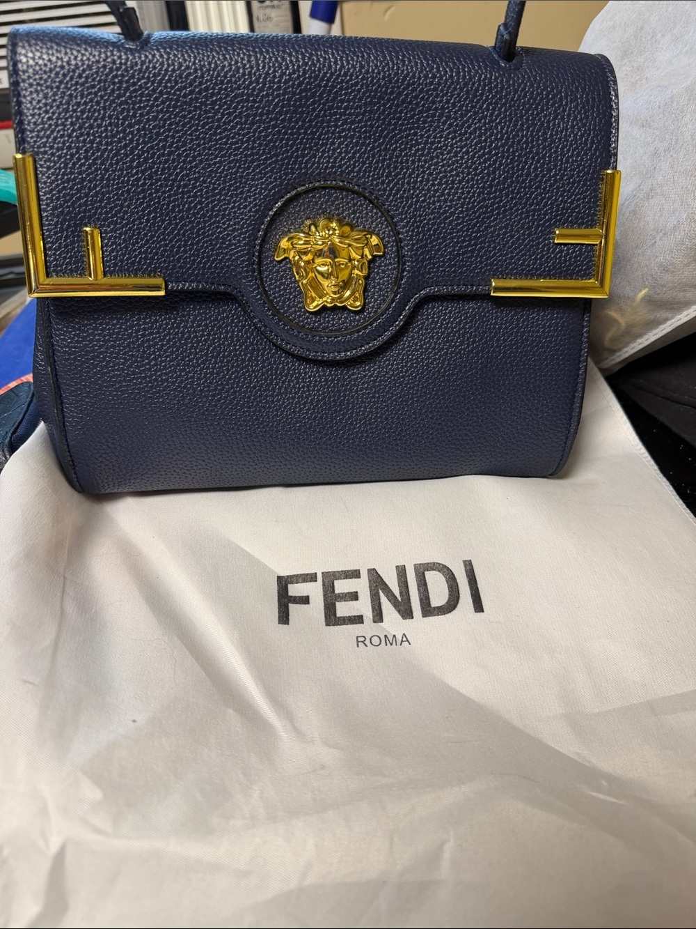 Fendi Navy Leather Shoulder Bag with Gold Medusa Hardware